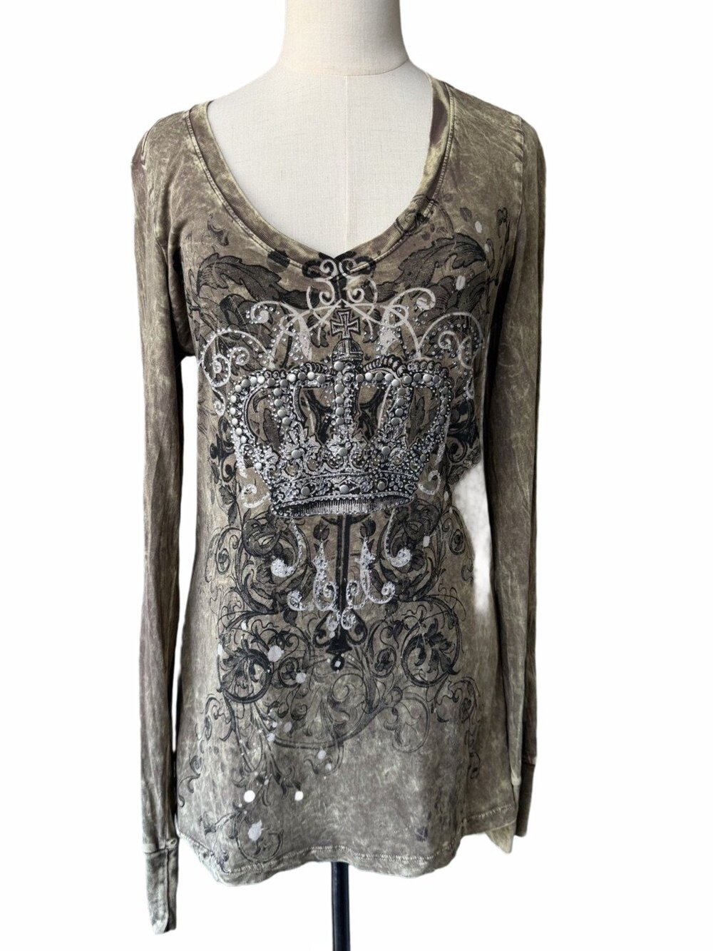 T-Party Crown T-Shirt 2000s Womens Green Long Sleeve V-Neck Rhinestone Size L